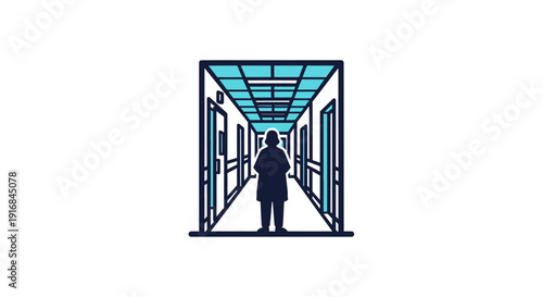 Medical Corridor Illustration A Silhouette of a Doctor Standing in a Bright Hospital Hallway with Doors and Ceiling Lights