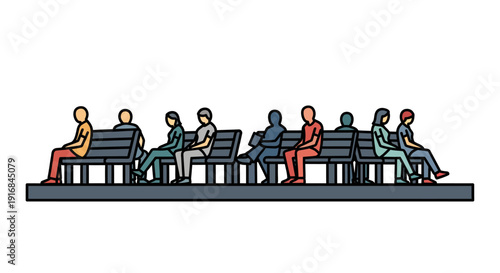 Vector illustration of diverse group of people patiently waiting in a public area, seated on benches, depicting a common scene of anticipation and community gathering