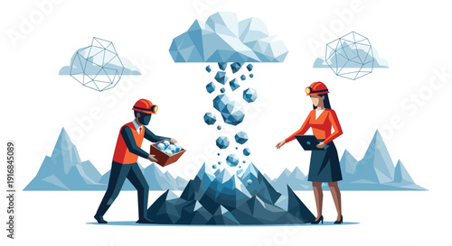 Man and woman in hard hats perform data mining, collecting low-poly crystals falling from a digital cloud, representing big data and cloud computing concepts.