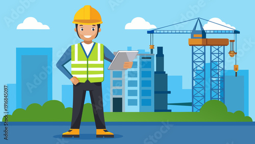Construction Engineer Supervising Building Site Vector Illustration