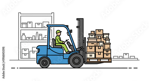 Warehouse worker operating a forklift to move stacked boxes on a pallet in a storage facility