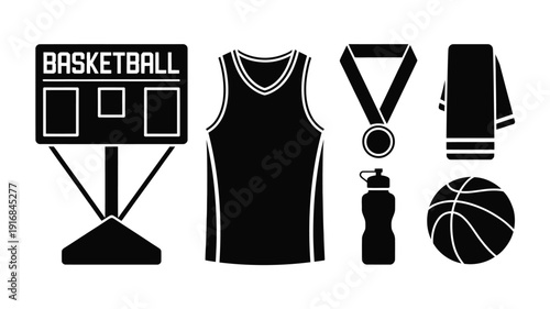  Basketball Court Object Silhouette Set. Scoreboard, Jersey, Trophy. Vector Illustration