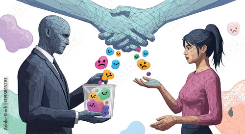 A polygonal man in a suit hands a woman a container of negative emoji faces, illustrating the transfer of emotional baggage under a business-like handshake.