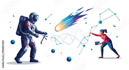 An astronaut in space and a female scientist collaborate by connecting a complex data network, with constellations and a comet in the background symbolizing discovery.