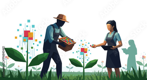 Modern farmers utilize technology to harvest digital fruit from pixelated plants in a field, symbolizing the innovation of smart farming and agritech solutions.