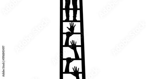 Success ladder silhouette with multiple hands reaching up towards feet at the top