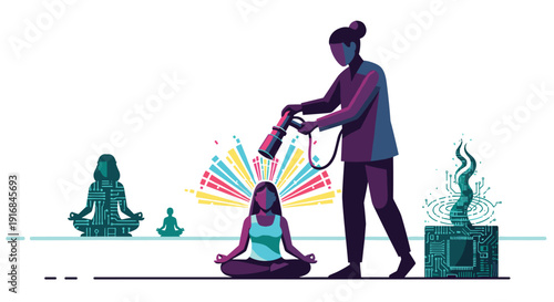 One person aims a futuristic device at a meditating woman, visualizing her brain activity with colorful rays, illustrating the intersection of technology, mindfulness, and neuroscience.