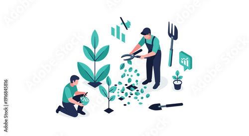 Two isometric gardeners carefully cultivate growing plants, with one pruning leaves and the other adding fertilizer to promote healthy business growth.