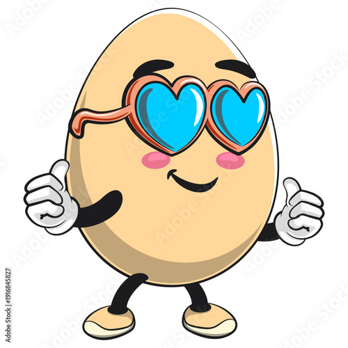 cute egg mascot character wearing heart shaped beach sunglasses smiling, isolated vector illustration, work of hand drawn