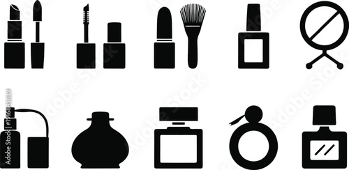 Collection of cosmetic and beauty product icons including lipstick mascara nail polish and perfume bottles