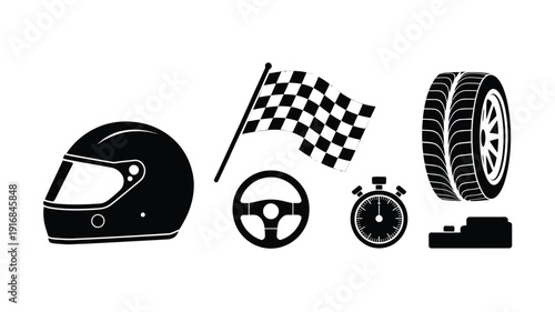 Car Racing Equipment Black Silhouette Set. Helmet, Steering Wheel, Flag Objects. Vector Illustration