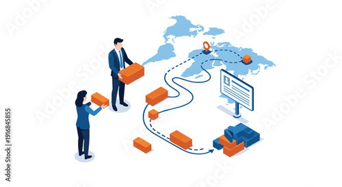 Business people build a supply chain roadmap across a world map using blocks, illustrating global logistics and international business expansion strategy.