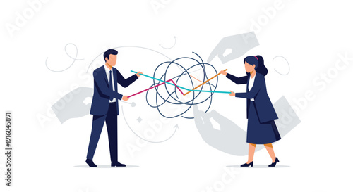 Businessman and businesswoman work together to untangle a complicated knot of threads, symbolizing conflict resolution and complex problem-solving.