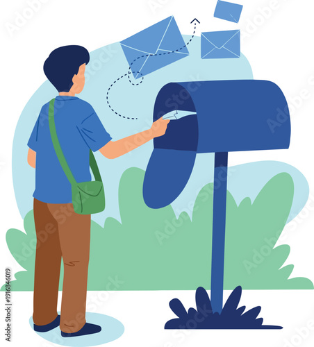 Young man drops correspondence into a large blue roadside mailbox with envelopes flying out.