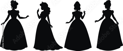 Black silhouette collection of beautiful princesses in ball gowns for fairy tale fantasy wedding invitation and magic kingdom story concept