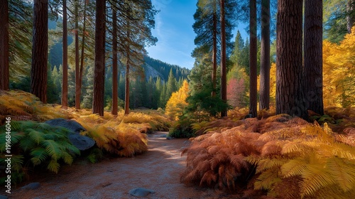 Picturesque pine forest during autumn, featuring golden and crimson foliage amidst towering evergreens, perfect for seasonal photography. Crunching leaves underfoot and a gentle breeze enhance the