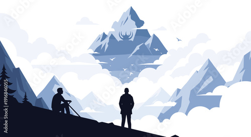 Two hikers stand on a mountainside, gazing at a mysterious floating mountain peak with a strange symbol, shrouded in clouds in a monochromatic landscape.