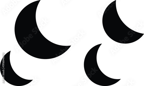 Four black crescent moon shapes on white background