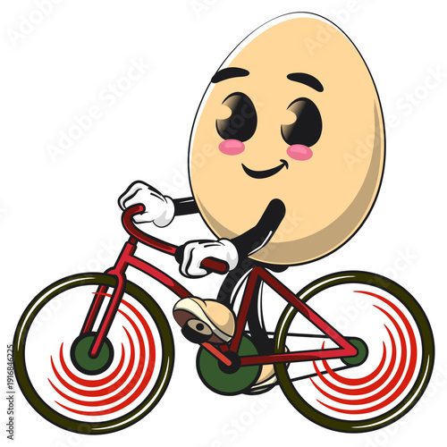 cute egg mascot character enjoy riding a bike with smiling isolated vector illustration, work of hand drawn