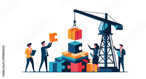 Business team with a construction crane collaborates to build a structure from large puzzle pieces, symbolizing strategy.