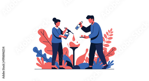 Man and woman work together as a team of bartenders, pouring ingredients from bottles to mix a large creative cocktail.