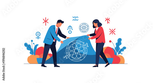 Man and woman in business suits uncover a large mysterious geometric symbol, representing discovery or esoteric knowledge.