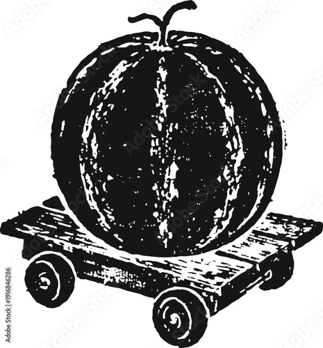 vintage illustration of a whole pumpkin on a small wooden wheeled cart, rustic farm produce design