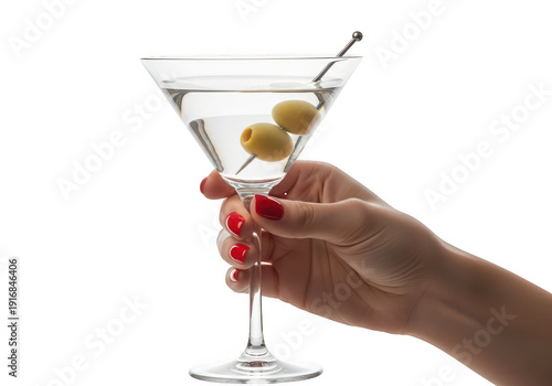 A hand elegantly holding a martini glass with olives on transparent background