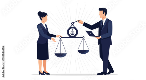 Business professionals hold the scales of justice, representing legal balance, fairness in business, corporate ethics, and comparative analysis in a modern setting.