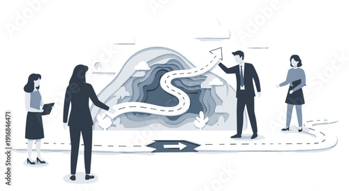 Business team collaborates on a project roadmap, with a leader pointing the way on a winding path through mountains, symbolizing strategy, guidance, and journey.