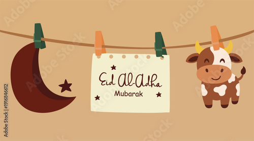 Celebrating Eid Al-Adha with a cheerful cow, crescent moon, and festive greeting card hanging together