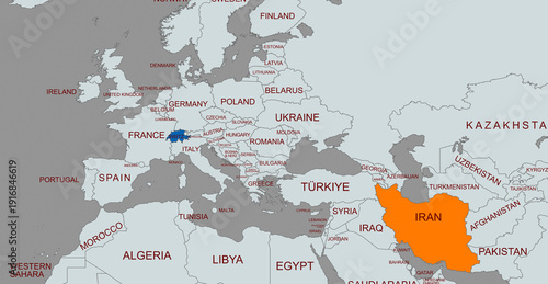 Strategic Map Highlighting Iran  Switzerland Within Europe and Middle East