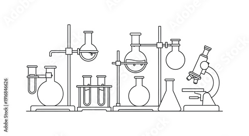 Detailed line drawing depicting various chemistry lab equipment and a microscope