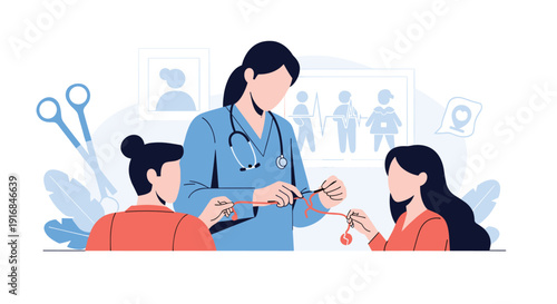 Doctor demonstrates a surgical procedure like a vasectomy reversal to two women, symbolizing healthcare education and consultation in a clinical environment.