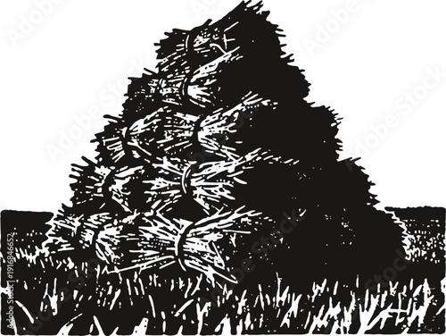 stack of hay bales piled in a triangular shape on grass field agricultural farming harvest bundle