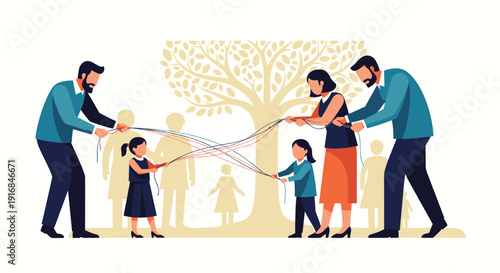 Parents in a custody battle pull on tangled strings held by their daughters, a metaphor for the conflict and emotional strain of divorce on a family.