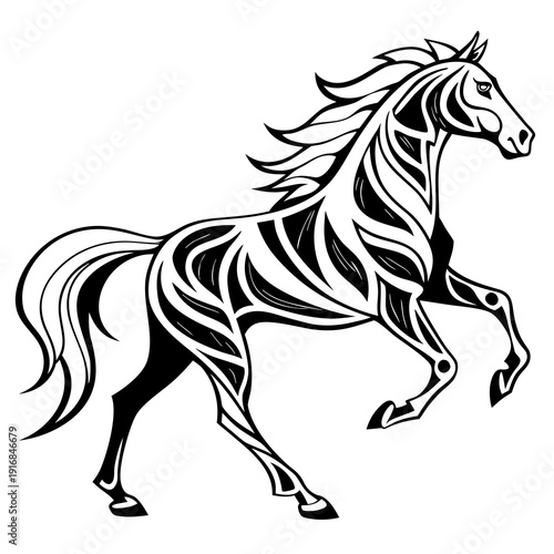 Tribal horse illustration in black and white, majestic stallion rearing up with ornate flowing mane and tail, symbolizing power and freedom.