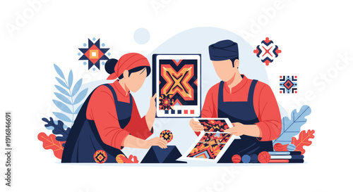 Man and woman in traditional outfits work together creating intricate geometric designs, celebrating cultural heritage and craftsmanship in their workshop.