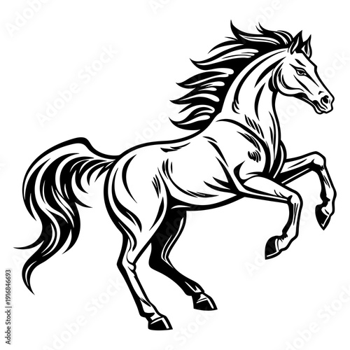 A striking black and white drawing of a rearing horse, exuding strength and spirit with its flowing mane and tail, perfect for impactful designs.