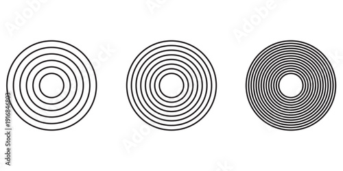 Black concentric circle set. Sonar or sound wave ring collection. Dotted and linear epicentre, target, radar icon concept. Ripple radial signal or vibration elements.