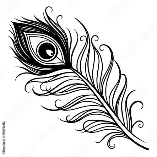 Elegant silhouette of a peacock feather with a detailed eye and swirling stem, classic black and white graphic for design.
