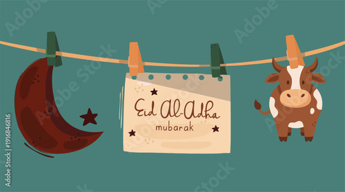 Eid al-Adha Mubarak greeting card with crescent moon and sacrificial cow on a clothesline