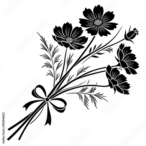 Stylish black and white silhouette of a flower bouquet with cosmos blossoms and a neat ribbon bow, decorative graphic for invitations.