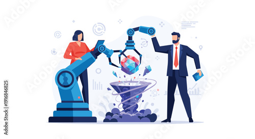 Team of professionals uses a robotic arm to place a gem into a data funnel, symbolizing technological innovation and data processing.