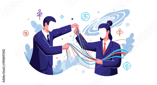 Business professionals exchange a bundle of colorful data cables under a galaxy, symbolizing global networking, communication, and information sharing.