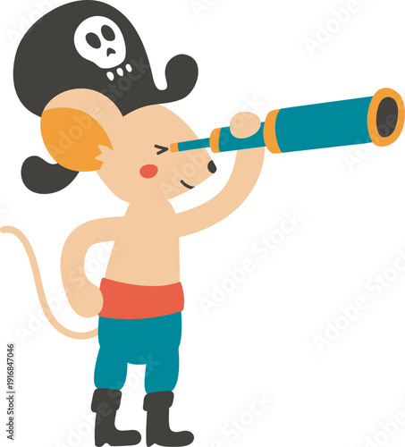 Pirate mouse look in spyglass. Cute kid drawing