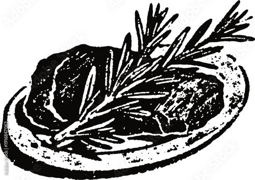 Grilled steak with rosemary garnish on a plate, rustic food illustration