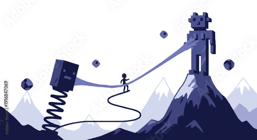 Abstract illustration shows a character on a journey across a wire connecting two distinct robots in a minimalist, pixelated mountain landscape.