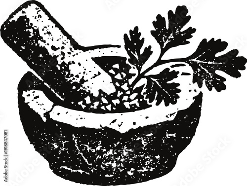 Mortar and pestle with herb leaves illustration traditional grinding tool for spices and cooking