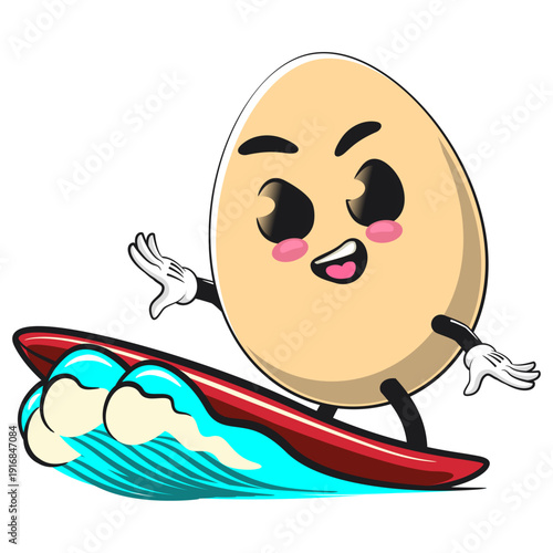 cute egg mascot character surfing riding the waves, isolated vector illustration, work of hand drawn